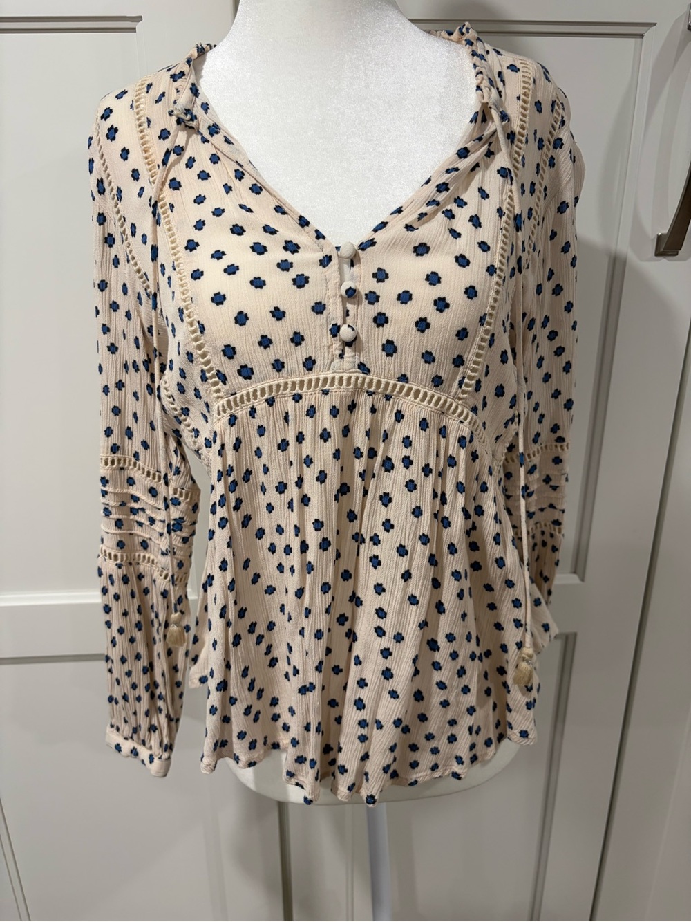 Amuse Society Beige Blouse with Navy Dot Print